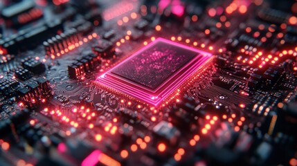 Illuminated Circuit Board: A Close-Up of a Microchip's Glowing Core