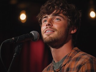 Young man sings with curly hair, flannel shirt on stage under soft lighting