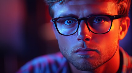 Young man with glasses, close up in red and blue light, concerned expression