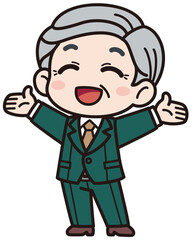 スーツを着た高齢の男性がにっこり笑って両手を大きく広げているベクターイラスト／影なしシンプル（Vector Illustration of an Elderly Man in a Suit Smiling and Opening Arms Wide / Simple with No Shadows）