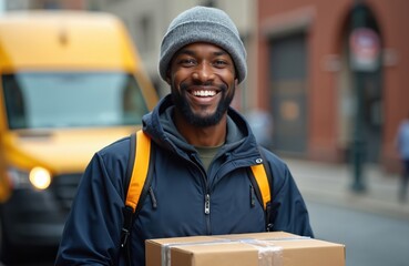 Smiling African American delivery man holds package. Friendly courier in hat, jacket delivers parcel. Shipping service, postal worker, moving boxes. Happy face shows customer service, logistic jobs.