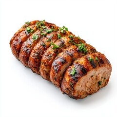 Juicy and Deliciously Grilled Meatloaf Slices with Fresh Herbs on a White Background