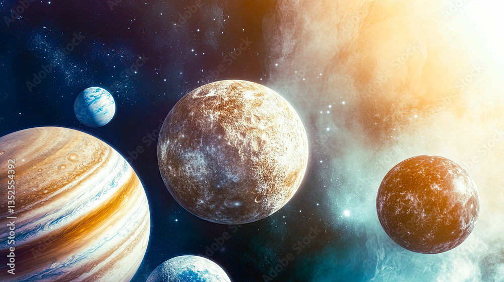 Poster exploration of planets in a captivating cosmic landscape revealing current celestial gems