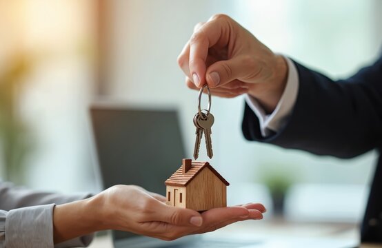 Real estate agent gives house keys to new homeowner. Property deal, mortgage loan, buying selling house, relocation, property investment. Hand key transfer transaction. Homeownership, business.