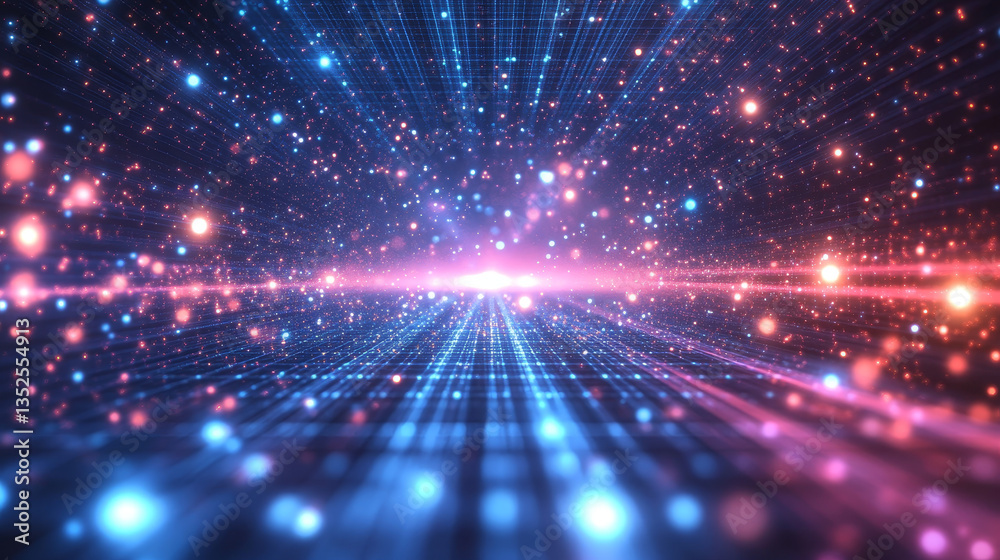 Poster technology digital abstract background, digital matrix particles grid virtual reality abstract cyber