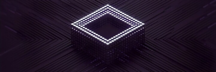 Isometric cube made of evenly spaced dots with a hollow center on deep purple background