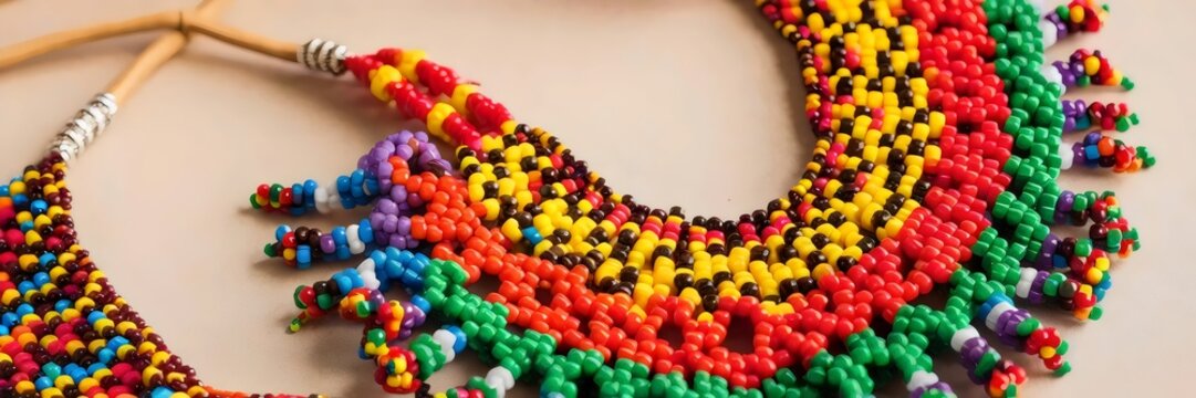 Colorful beaded necklace made with traditional African beading techniques on neutral background