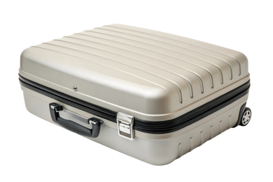 Stylish Travel Luggage with Leather Trim on Neutral Background.