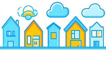 Colorful cartoon houses, background of clouds. Design element for a kids themed website