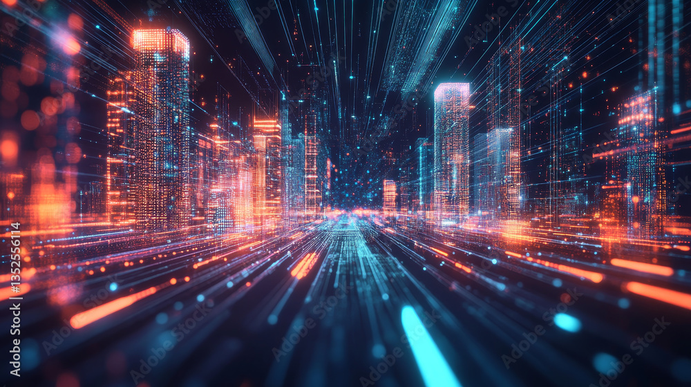 Poster digital city digital cyberspace with particles and digital data network connections, 5g high-speed c