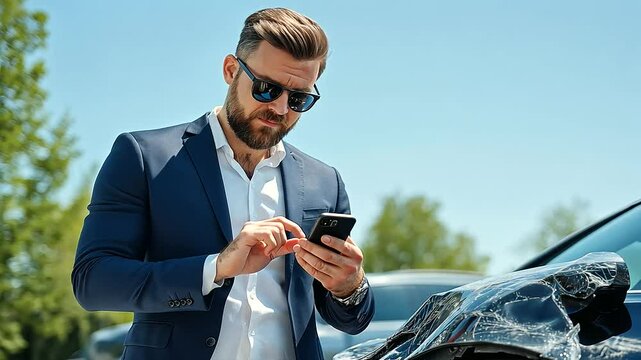 An insurance representative walks around a wrecked car, snapping photos of deep scratches and dents with a smartphone, ensuring accurate claim processing.