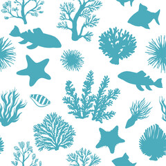 A vector illustration of Seamless pattern with collection of silhouettes coral, sea plants, fish, starfish, and marine elements in a detailed and artistic underwater theme