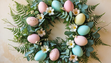 A pastel Easter egg wreath nestled in lush ferns and delicate blossoms, a springtime celebration of new beginnings and vibrant colors.