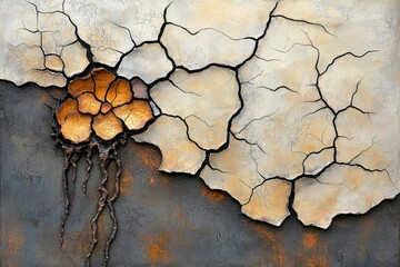 Withered Golden Flower Sculpture on Cracked Earth Toned Surface