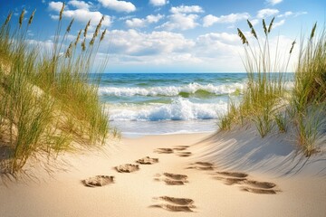 Sandy path leads to a serene ocean view, footprints in the sand, tall beach grass framing the scene