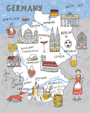 Hand drawn Germany doodle map with landmarks and symbols
