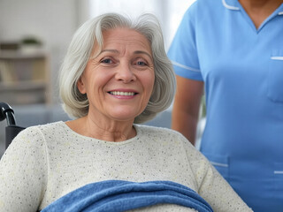 Fototapeta premium Happy Senior Woman in Care with Nurse Support – Elderly Smiling Lady at Nursing Home Receiving Compassionate Assistance