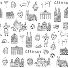 Seamless pattern with famous european Germany Berlin landmarks. Vector line illustration
