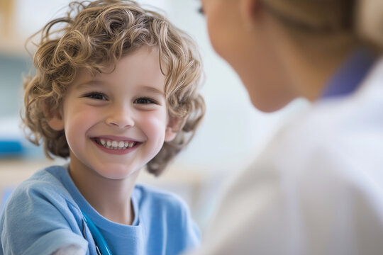 young boy is smiling at a doctor. The doctor is wearing a white coat. The boy is wearing a blue shirt