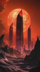 Selbstklebende Fototapeten Alien landscape with crystal structures and red sun. © ATH'HAR Art Ai