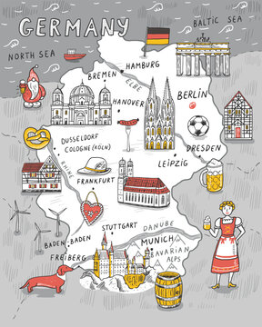 Hand drawn Germany doodle map with landmarks and symbols