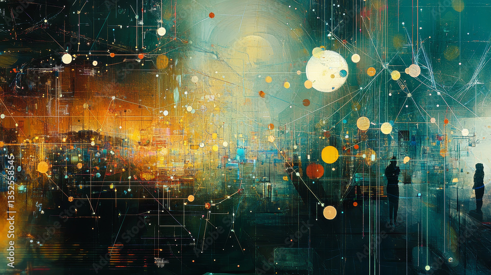 Poster digital cyberspace with particles and digital data network connections background concept.