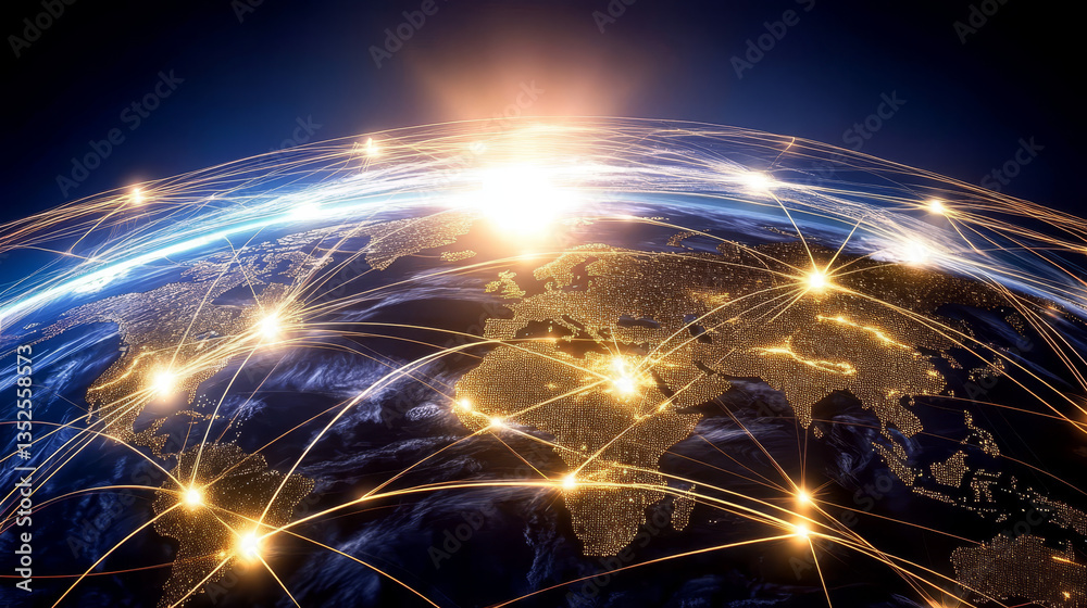 Poster digital cyberspace with particles and digital data network connections background concept.