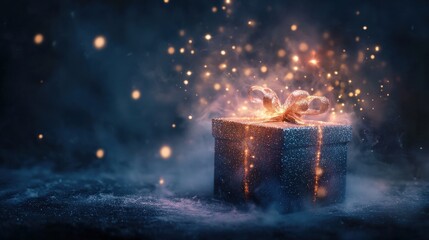Magical Gift Box with Sparkling Lights and Misty Background