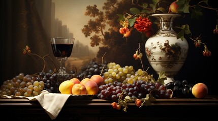A photo of a timeless and classical still life oil painting