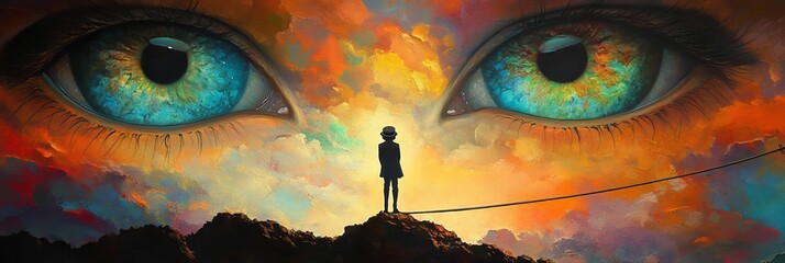 Child balances between giant eyes and sky.