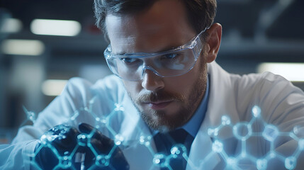 Scientist in safety goggles analyzing digital molecular structure in futuristic laboratory environment