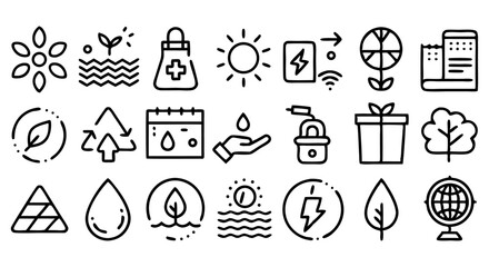 a set of 48 minimalist line icons representing ecology and sustainability themes. 