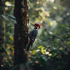 Vivid Woodpecker in Action: Perched on Tree Trunk in Dense Forest with Sunlit Background