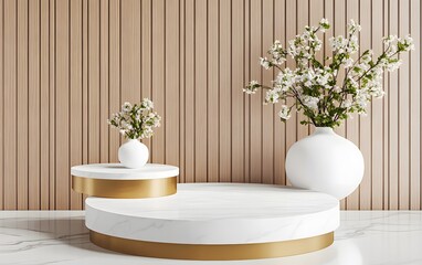 A solid white marble podium with elegant gold inlays, placed in a high-end luxury setting