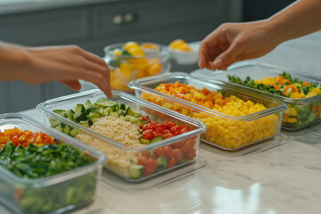 Obraz premium person is reaching for a container of food on a counter. The food is in a variety of colors and includes vegetables like tomatoes, cucumbers, and carrots