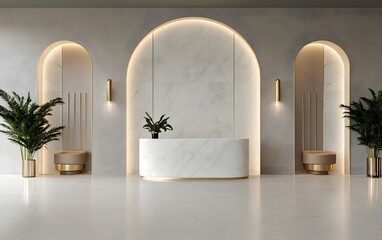 A solid white marble podium with elegant gold inlays, placed in a high-end luxury setting