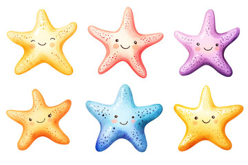 Delightful Starfish Collection with Smiling Faces in Soft Pastel Colors Perfect for Children's Illustrations, Beach Themes, and Whimsical Coastal Artwork
