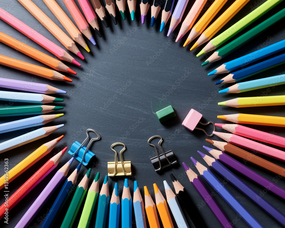 Poster Colorful pencils arranged in a circle on dark gray surface, creating a frame with free space in center for text or logo, symbolizing creativity, art, and education