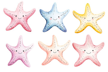 Delightful Starfish Collection with Smiling Faces in Soft Pastel Colors Perfect for Children's Illustrations, Beach Themes, and Whimsical Coastal Artwork