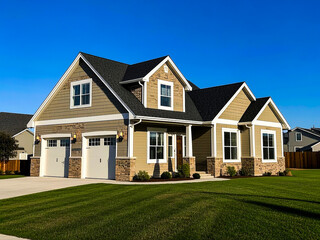 View of a two story house with a two car garage and a well maintained lawn on a sunny day outside