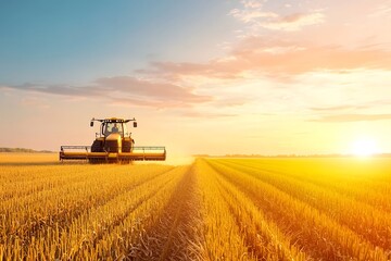 Naklejka premium Harvesting crops with farm in a scenic countryside landscape