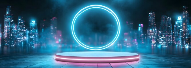 A podium with a floating neon frame, set in a vibrant cyberpunk cityscape