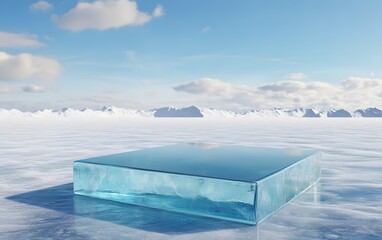 A smooth, icy blue glass podium in a frozen arctic landscape, reflecting the cool environment