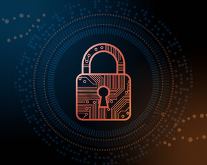 Copper padlock with circuit board design, centered on a dark background with concentric circles, symbolizing digital security and data protection