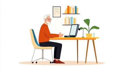 Older gentleman working on a laptop at a tidy home office desk with plants and books