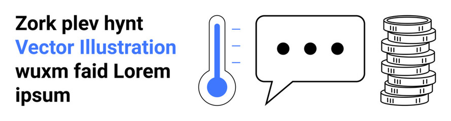 Thermometer indicating levels, speech bubble with three dots, and stacked coins representing measurement, communication, and finance insights. Ideal for analytics, metrics, budgeting, business