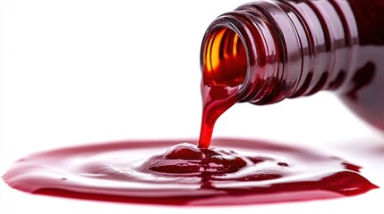 Dark red liquid pouring from bottle onto white surface