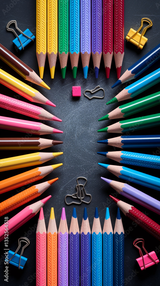 Poster Colorful pencils arranged in a circular frame on a dark surface, creating a blank space ideal for text or logo placement, symbolizing creativity, education, and art supplies.