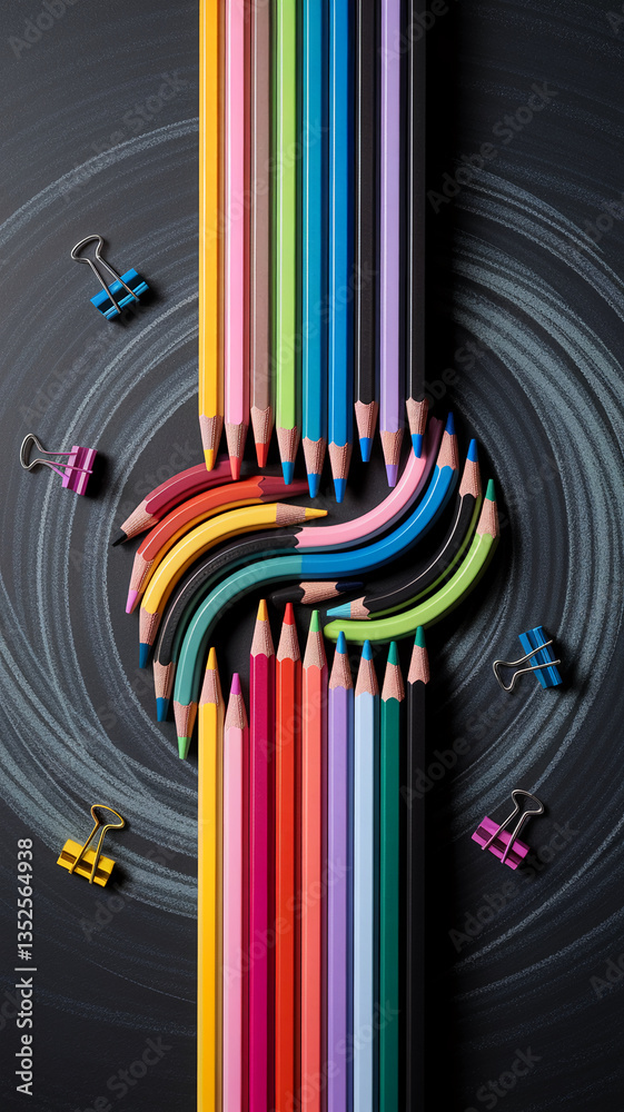 Poster colorful pencils arranged in a creative pattern on a dark background, showcasing vibrant hues and a 