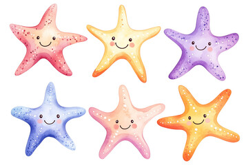 Delightful Starfish Collection with Smiling Faces in Soft Pastel Colors Perfect for Children's Illustrations, Beach Themes, and Whimsical Coastal Artwork